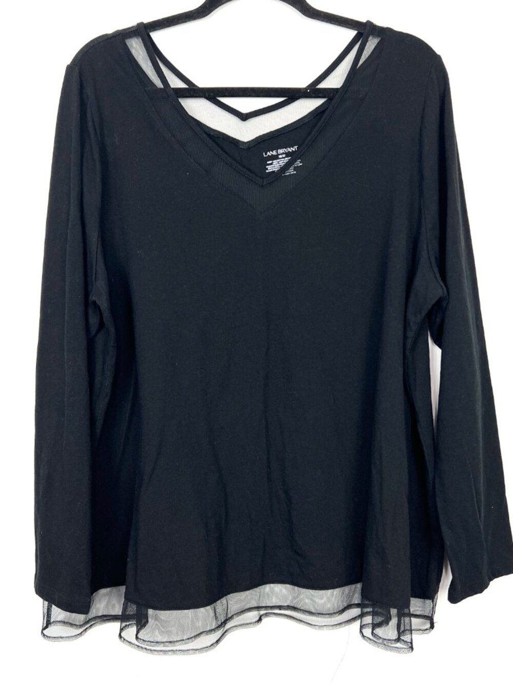 Lane Bryant Black Long Sleeve Knit Top Mesh Illusion Trim Accent 18/20 2X